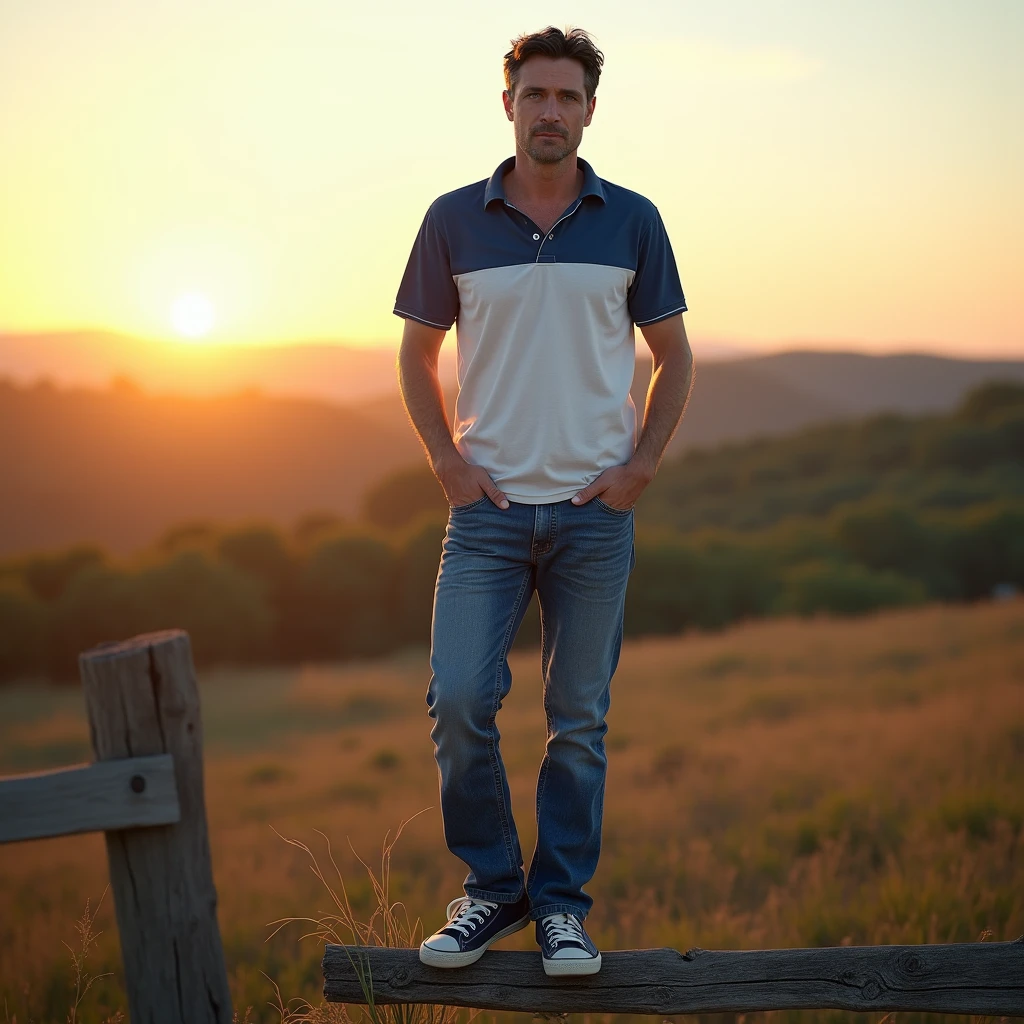 makes image of a white man, model type 35 years old, com cabelo escuro, blue colored eyes, wearing a white and blue shirt, jeans, tennis,   at sunrise on top of a fence in the Alentejo 
