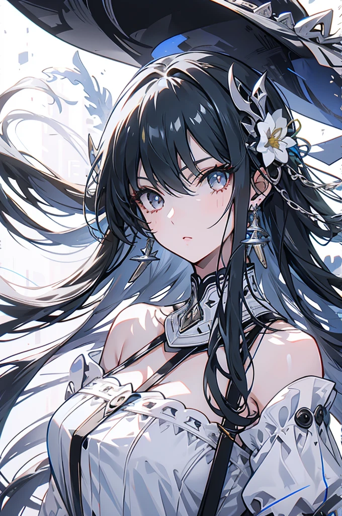 Exquisite facial features,Girl in western dress,Glassy eyes,Silver earrings,Black long hair,cute