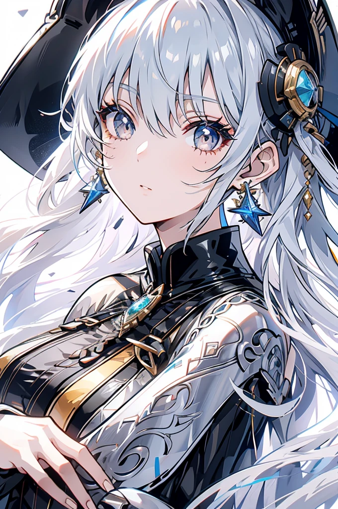 Exquisite facial features,Girl in western dress,Glassy eyes,Silver earrings,Black long hair,cute