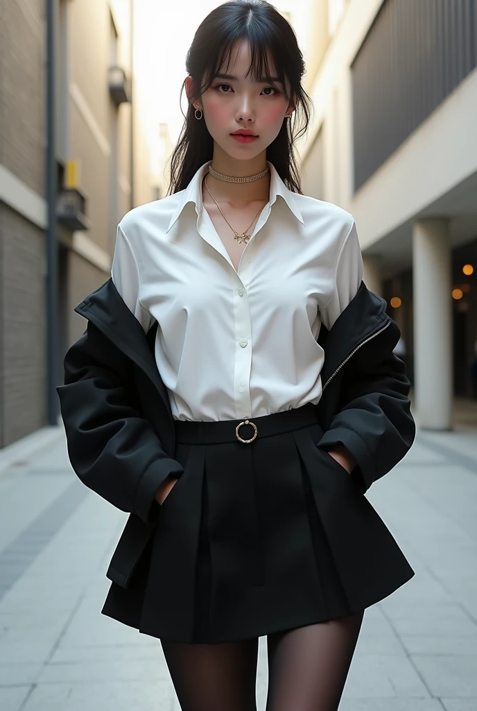 femboy, White shirt, black jacket, black thigh-length skirt, black stockings, black heels