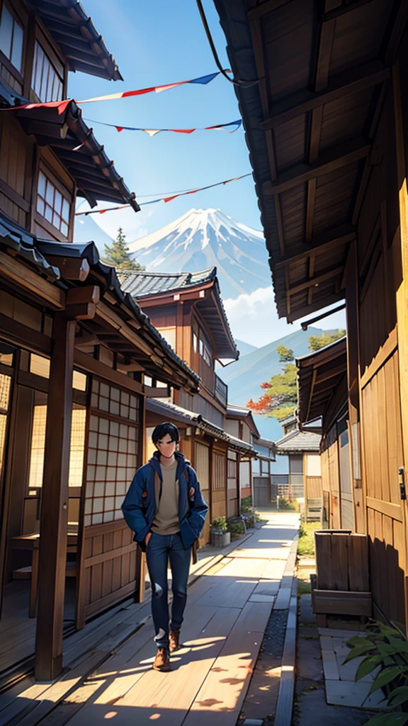 Detailed and vibrant illustration featuring a young man with short black hair, wearing a blue jacket and jeans, standing in a traditional Japanese wooden structure. He has a backpack on and is looking at a classic Yamaha motorcycle parked inside the building. The scene is bathed in warm, golden sunlight, casting long shadows and highlighting the autumn leaves scattered on the ground. The background includes a view of a traditional Japanese house and a snow-capped mountain, possibly Mount Fuji. Various Japanese signs and posters adorn the wooden beams and walls, adding to the authentic atmosphere. A paper lantern hangs from the ceiling, contributing to the traditional aesthetic.