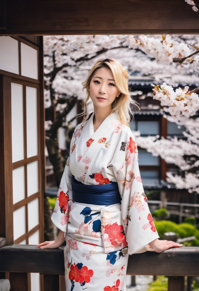Navy Blue kimono👘 Floral pattern high resolution Blonde Beauty woman
Europe Westerners White German🇩🇪 White cherry blossoms wood 20th Generation Japanese style building