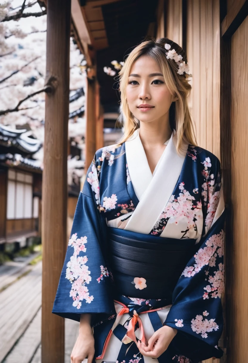 Navy Blue　kimono👘　Floral pattern　high resolution　Blonde　Beauty　woman　
Europe　Westerners　White　German🇩🇪　White　cherry blossoms　wood　20th Generation　Japanese style　building