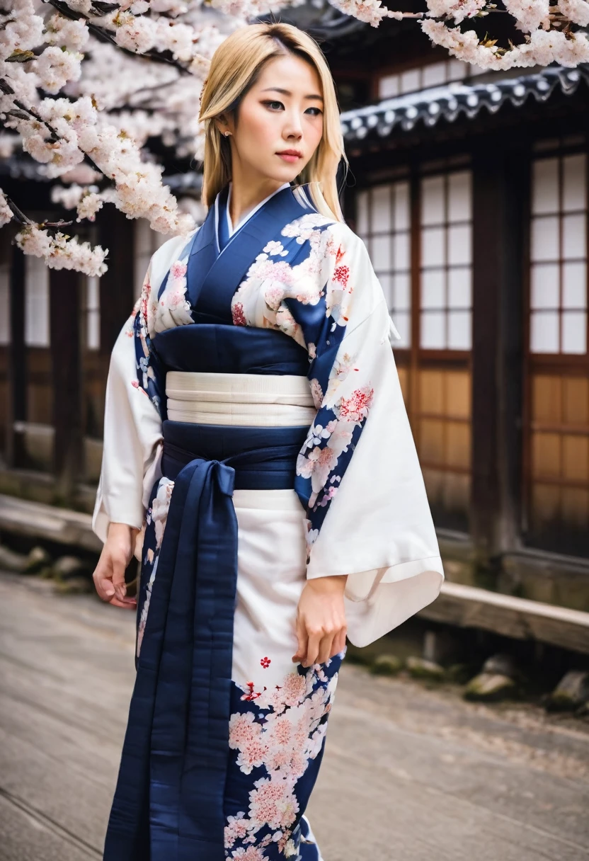 Navy Blue　kimono👘　Floral pattern　high resolution　Blonde　Beauty　woman　
Europe　Westerners　White　German🇩🇪　White　cherry blossoms　wood　20th Generation　Japanese style　building