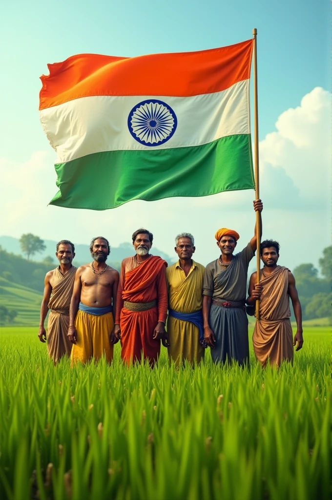 A group of farm labour holding Indian flag in paddy farm and use the logo of bayer crop science in upper corner 