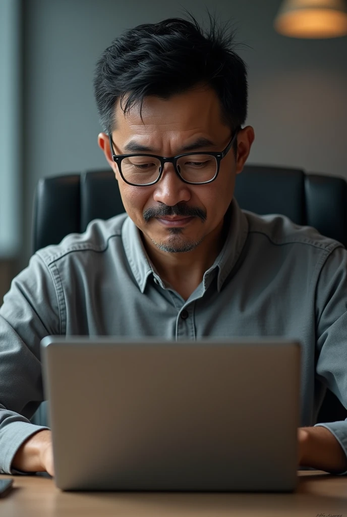 The brown-skinned, middle-aged man with a round face, wearing rectangular glasses and a mustache, has slightly curly, spiked black hair. He is sitting on an office chair, dressed in a gray formal shirt, and working on a laptop.
