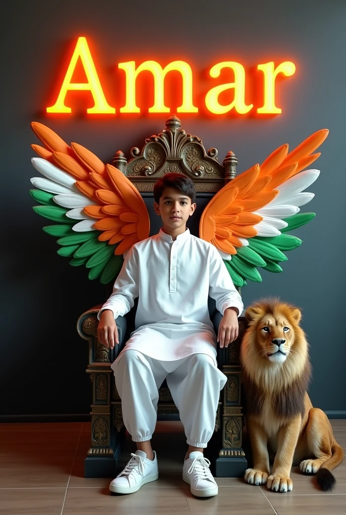 4TH PROMPT :- Create a 3D illusion for the profile picture where a cute 16 year old boy in white kurta is sitting comfortably on the chair of the King of Beasts throne. Indian flag in hand And a ferocious lion next to me. Wearing sneakers, he looks ahead. “Amar
” is written in large, orange neon light font on the dark gray wall in the background. He has no shadow and has Indian Tricolor colored wings 4k