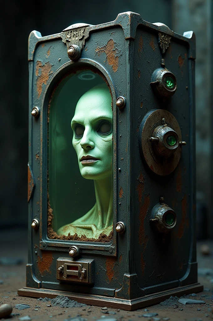 A weird storage box with glass display and spooky eyes and caution