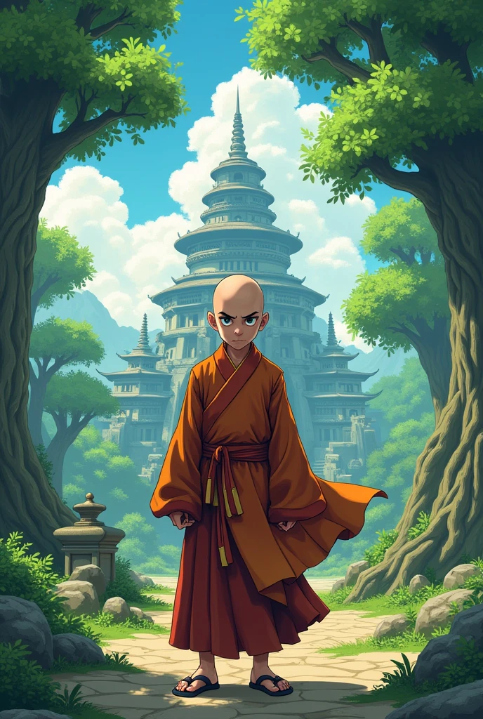 Young monk student standing, angry, thinking, surrounded by tree, temples, greenary, in anime style,