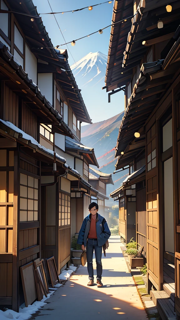 Detailed and vibrant illustration featuring a young man with short black hair, wearing a blue jacket and jeans, standing in a traditional Japanese wooden structure. He has a backpack on and is looking at a classic Yamaha motorcycle parked inside the building. The scene is bathed in warm, golden sunlight, casting long shadows and highlighting the autumn leaves scattered on the ground. The background includes a view of a traditional Japanese house and a snow-capped mountain, possibly Mount Fuji. Various Japanese signs and posters adorn the wooden beams and walls, adding to the authentic atmosphere. A paper lantern hangs from the ceiling, contributing to the traditional aesthetic.