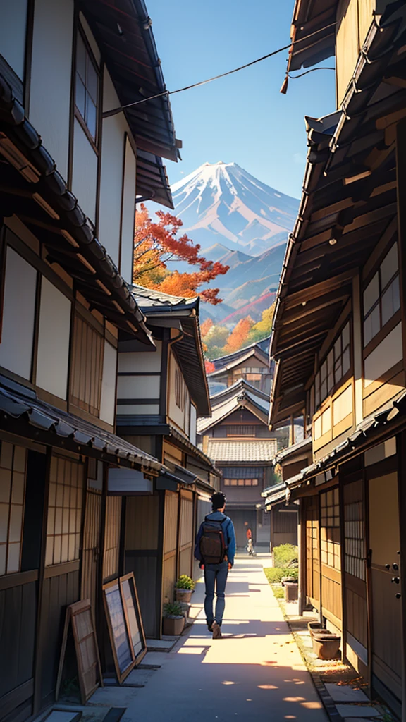 Detailed and vibrant illustration featuring a young man with short black hair, wearing a blue jacket and jeans, standing in a traditional Japanese wooden structure. He has a backpack on and is looking at a classic Yamaha motorcycle parked inside the building. The scene is bathed in warm, golden sunlight, casting long shadows and highlighting the autumn leaves scattered on the ground. The background includes a view of a traditional Japanese house and a snow-capped mountain, possibly Mount Fuji. Various Japanese signs and posters adorn the wooden beams and walls, adding to the authentic atmosphere. A paper lantern hangs from the ceiling, contributing to the traditional aesthetic.