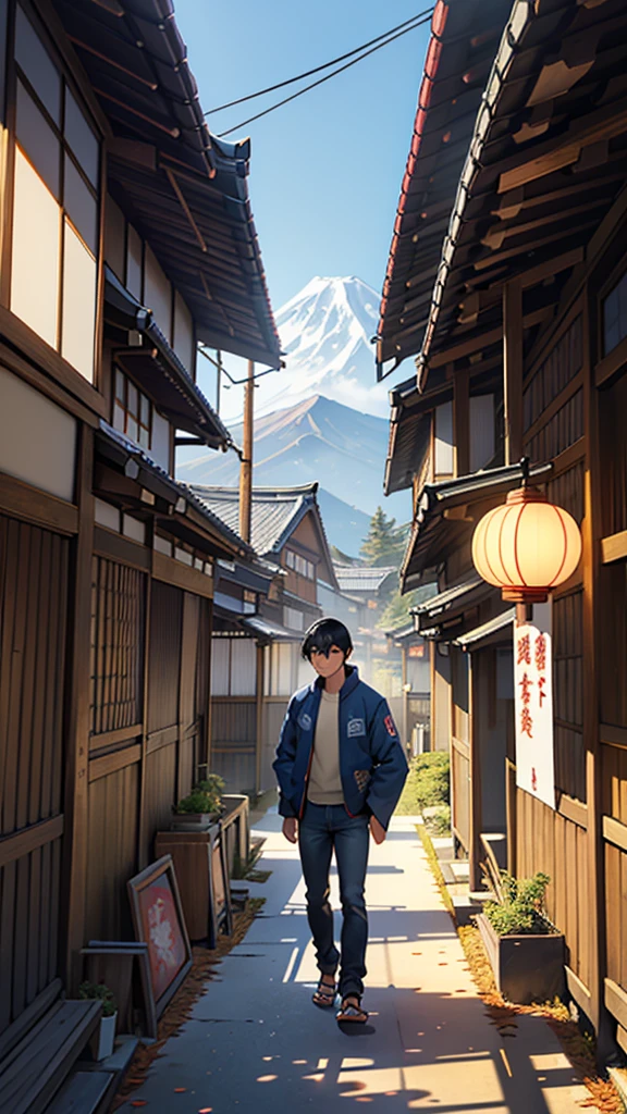 Detailed and vibrant illustration featuring a young man with short black hair, wearing a blue jacket and jeans, standing in a traditional Japanese wooden structure. He has a backpack on and is looking at a classic Yamaha motorcycle parked inside the building. The scene is bathed in warm, golden sunlight, casting long shadows and highlighting the autumn leaves scattered on the ground. The background includes a view of a traditional Japanese house and a snow-capped mountain, possibly Mount Fuji. Various Japanese signs and posters adorn the wooden beams and walls, adding to the authentic atmosphere. A paper lantern hangs from the ceiling, contributing to the traditional aesthetic.
