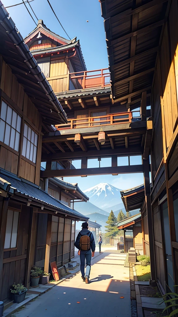 Detailed and vibrant illustration featuring a young man with short black hair, wearing a blue jacket and jeans, standing in a traditional Japanese wooden structure. He has a backpack on and is looking at a classic Yamaha motorcycle parked inside the building. The scene is bathed in warm, golden sunlight, casting long shadows and highlighting the autumn leaves scattered on the ground. The background includes a view of a traditional Japanese house and a snow-capped mountain, possibly Mount Fuji. Various Japanese signs and posters adorn the wooden beams and walls, adding to the authentic atmosphere. A paper lantern hangs from the ceiling, contributing to the traditional aesthetic.