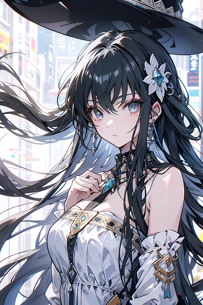 Exquisite facial features,Girl in western dress,Glassy eyes,Silver earrings,Black long hair,cute