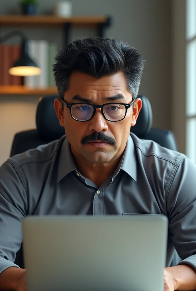 The brown-skinned, middle-aged man with a round face, wearing rectangular glasses and a mustache, has slightly curly, spiked black hair. He is sitting on an office chair, dressed in a gray formal shirt, and working on a laptop.