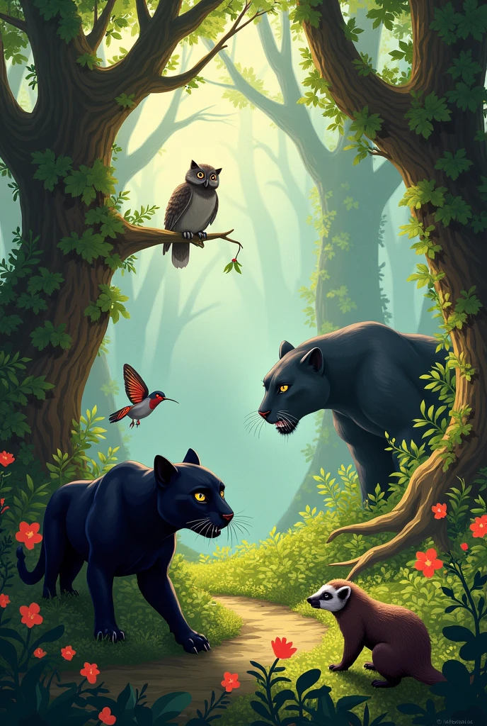 A forest landscape where an owl appears, a black panther, a hummingbird, a badger and a butterfly
