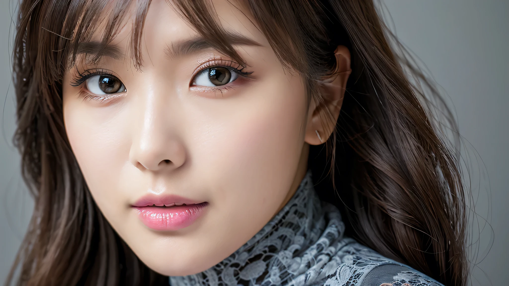 (Detailed face),vivid,Grey(Lace fabric)turtleneck,4K,Ultra-high resolution,(Photorealistic:1.7),Gray background,Black long hair,