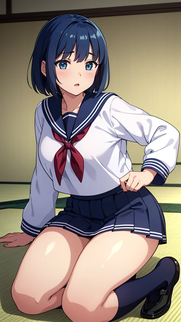 ((masterpiece, Highest quality, Very detailed, Very nice 8K CG wallpaper)), , A little thick, Medium Hair, Blue Hair, short hair, blue eyes,judo player、Sailor style uniforms、Large bust、Sailor suit、mini skirt、judo、Cute expression、InSide the judo GymnaSium、、On the tatami、discovery、One person&#39;S、Full body standing、rest、Haruka Kiritani、Bust Size C Cup、幼い頃judo家に育てられた、The strongest woman to win a tournament、Ninth Dan、The strongest woman who defeated the bully、Sweating
