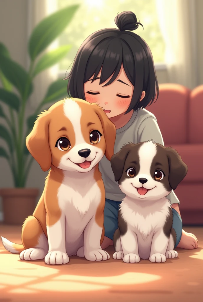 They are two dogs, one of them is 1 and a half years old., fur: The puppy has a short, two-colored coat.: mainly brown with white , especially on the head and legs. eyes: Sus ojos son de Size mediano, dark and round. ears: He has big, pointed ears., body: Parece ser un perro de Size mediano, with a slender body and thin legs. cola: Its tail is long and thin.,
Y el otro 2 meses de vida de fur: Color: Predominantly white with brown markings. The black spots are concentrated mainly on the head., including the ears and the top of the snout. There are also black spots on the back and base of the tail.. texture: The coat appears to be short and smooth.. eyes: Color: Dark brown. form: Tienen una forma almendrada y parecen ser de Size pequeño. ears: Size: son de Size mediano y tienen una forma triangular. Size: un perro de Size pequeño.
form: His body is slim and proportionate, with a moderately broad chest. paws: The legs are thin. cola: The tail is of medium length and tapers towards the tip.,
together with me, 21 year old woman, light brown skin color, small black hair,
that it be style like anime photo