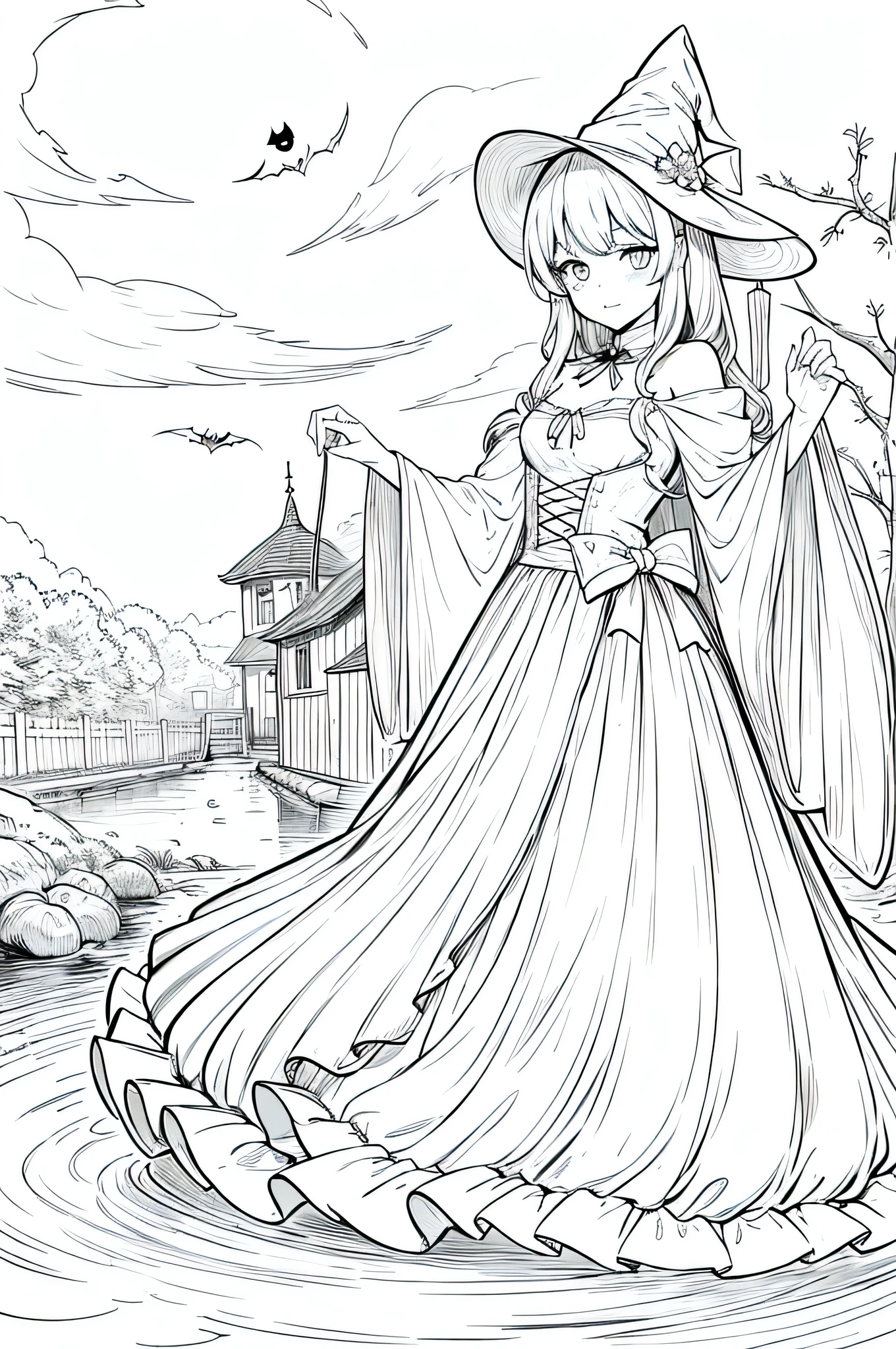 Raw work, Top-class, Beautiful young witch, feminine , only, Halloween Bonito , Floral Line art background, White Background, monochrome, Line art, ((skit)), scared, gato branco com White eyes, White eyes