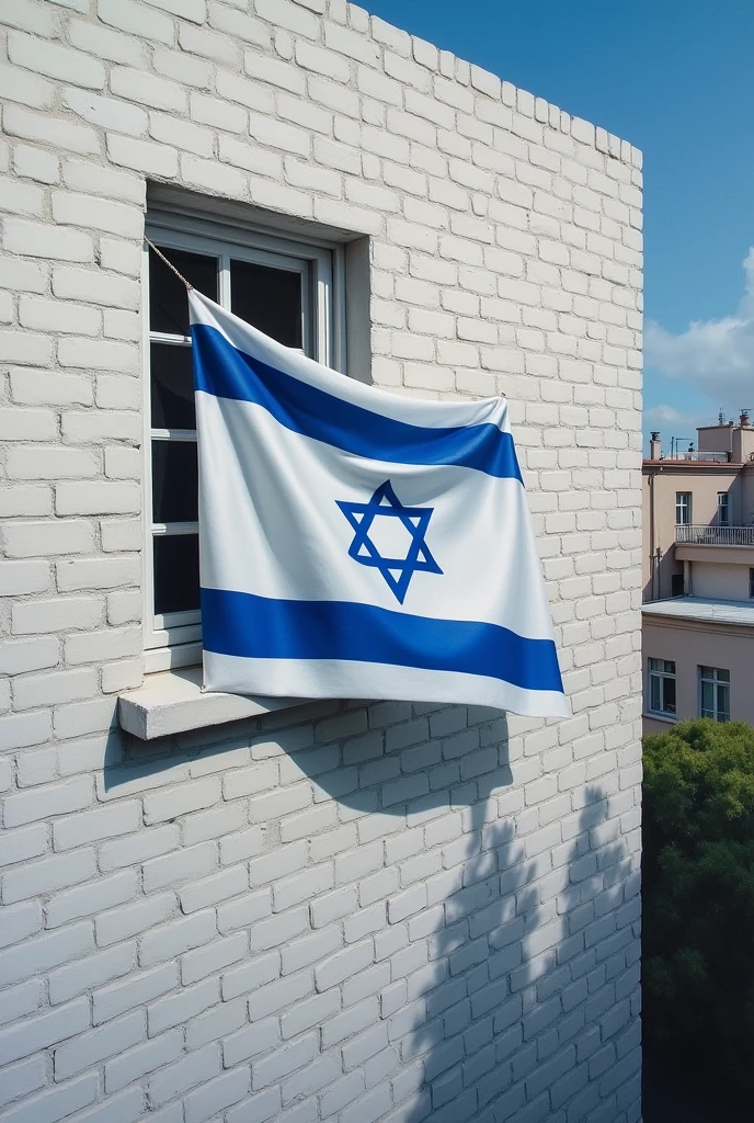 Painting of a white brick regular building with Israel flag  from a window