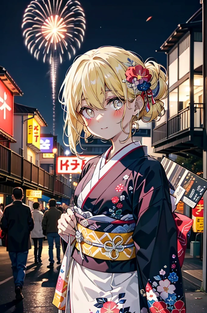 Eiswallenstein, Eyes Wallenstein, blonde, Hair between the eyes, hair band, Long Hair, (Yellow Eyes:1.5), hair tied back,Flower Hair Ornaments,smile,blush,Blue Kimono,日本のfestival,夏festivalの屋台,Red lantern,Fireworks in the night sky,Fireworks,The place is a fireworks display,Time is night,whole bodyがイラストに入るように,
break looking at viewer,whole body, (Cowboy Shot:1. 5),
break ourdoors ,festival, break (masterpiece:1.2), Highest quality, High resolution, unity 8k wallpaper, (shape:0.8), (Beautiful and beautiful eyes:1.6), Highly detailed face, Perfect lighting, Extremely detailed CG, (Perfect hands, Perfect Anatomy),
