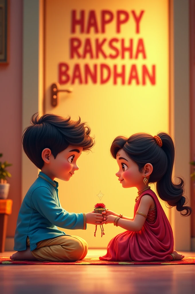 A real 20 year old Cute boy and girl are sitting face to face on a colorful mat in the home lobby, the boy has extended one of his hands forward, And Girl tying Rakhi on brother's hand. boy is wearing a Blue colored kurta And the girl is wearing a Red Lahenga, boy has a gift box in his other hand, is smiling, boy has applied tilak on his forehead, and on the wall in bold letters "HAPPY RAKSHA BANDHAN" Manoj & Monika " It is written, 4k image