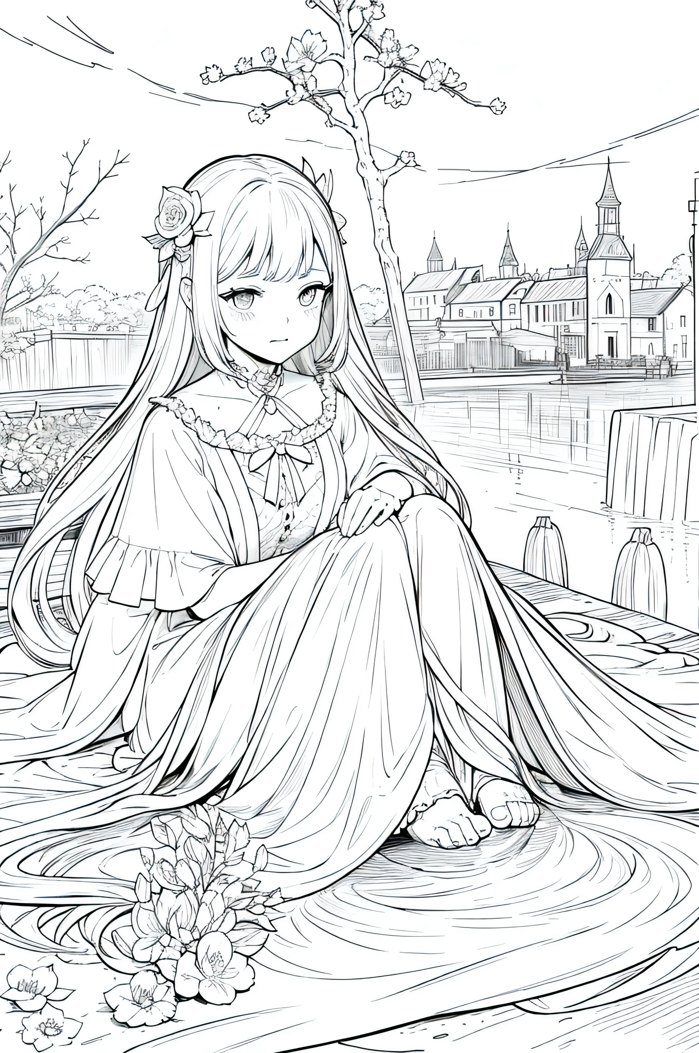 Raw work, Top-class, Beautiful young witch, feminine , only, Halloween Bonito , Floral Line art background, White Background, monochrome, Line art, ((skit)), scared, gato branco com White eyes, White eyes