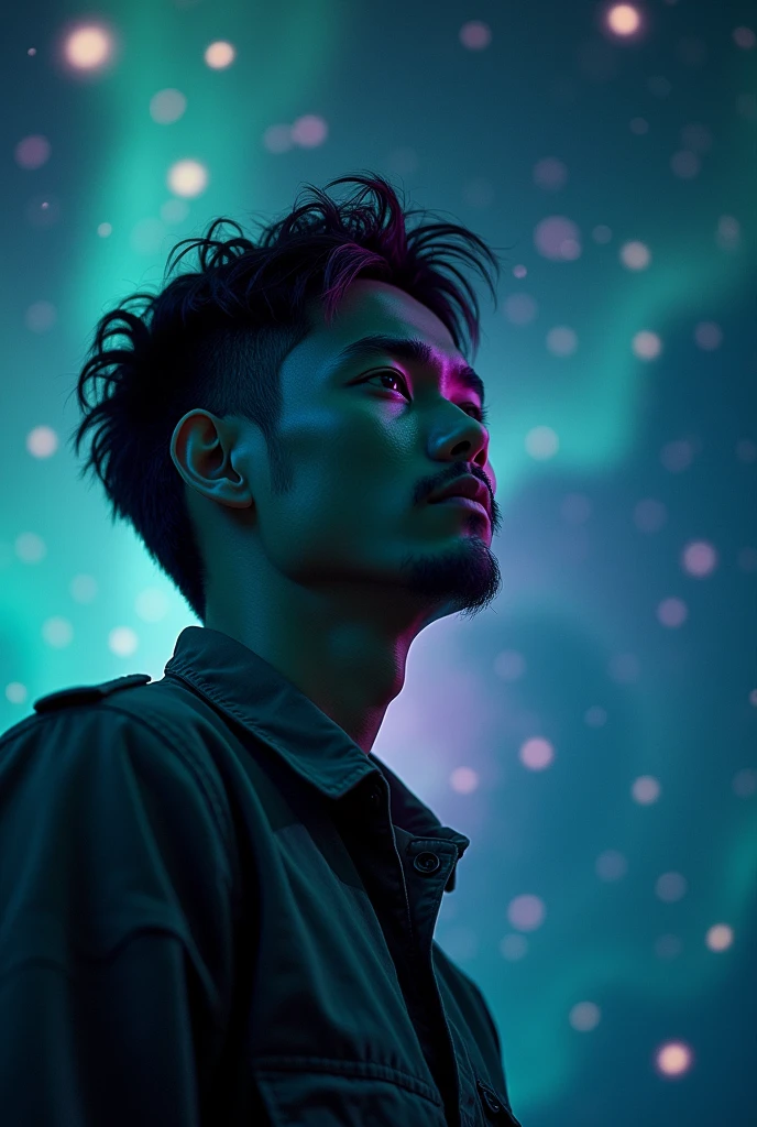 Craft a celestial-themed portrait of a Malay man 28 year, wearing cargo shirt and pants,emerald, purple galaxies, blending the earthly with the cosmic milky way shuttering in a mesmerizing and ethereal composition, 8mm, Close-up shot, cool-toned color grading, depth of field, film noir