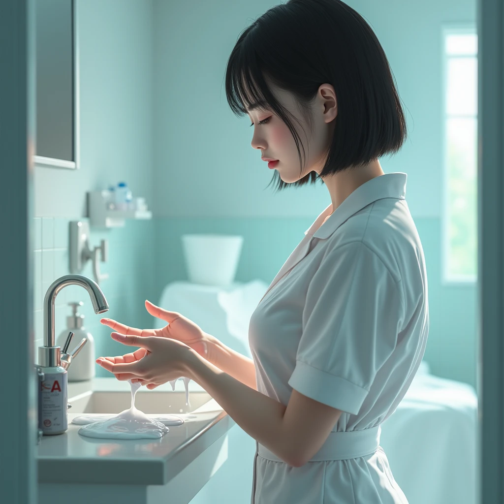 An Asian pretty teenage nurse in white nursing pants, slender, large hips, slim waist line, straight short hair, side view, cleans her thin fingers with large amount of white sloppy liquid.