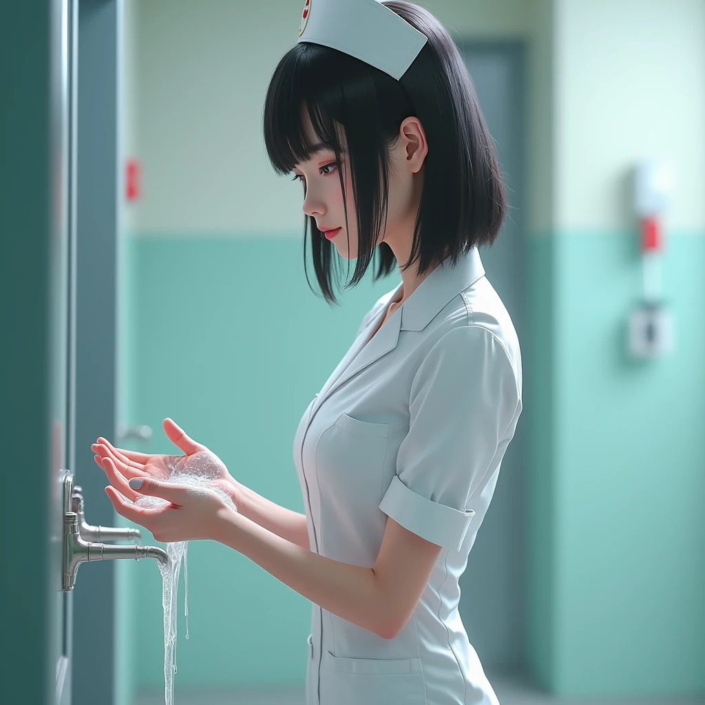 An Asian pretty teenage nurse in white nursing pants, slender, large hips, slim waist line, straight short hair, side view, cleans her thin fingers with large amount of white sloppy liquid.
