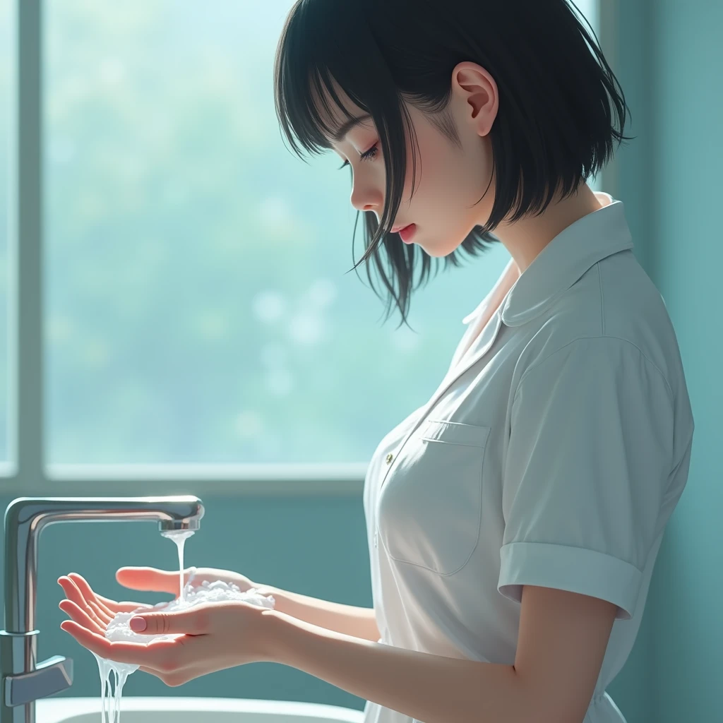 An Asian pretty teenage nurse in white nursing pants, slender, large hips, slim waist line, straight short hair, side view, cleans her thin fingers with large amount of white sloppy liquid.