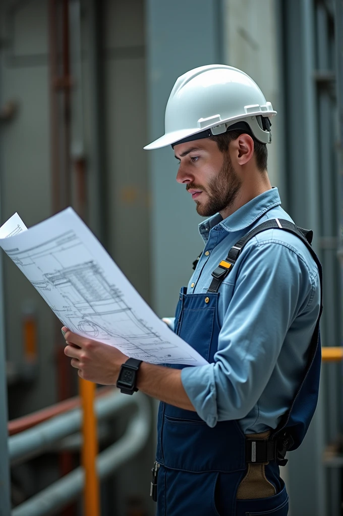 Electricalal engineer with white hard hat holding a blueprint boy