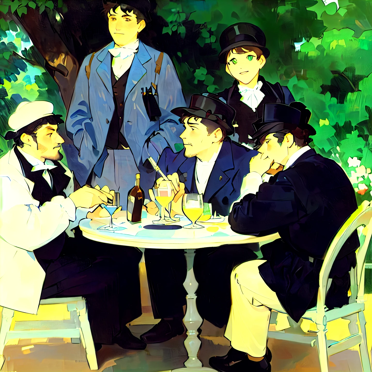 painting of a group of men sitting around a table with drinks, by Jean Tabaud, inspired by Édouard Manet, by Albert Kotin, manet, modern art, inspired by Jean Tabaud, inspired by Georges Stein, at the terrace, gentleman, by Félix Vallotton, al fresco, by Édouard Manet, cézanne style