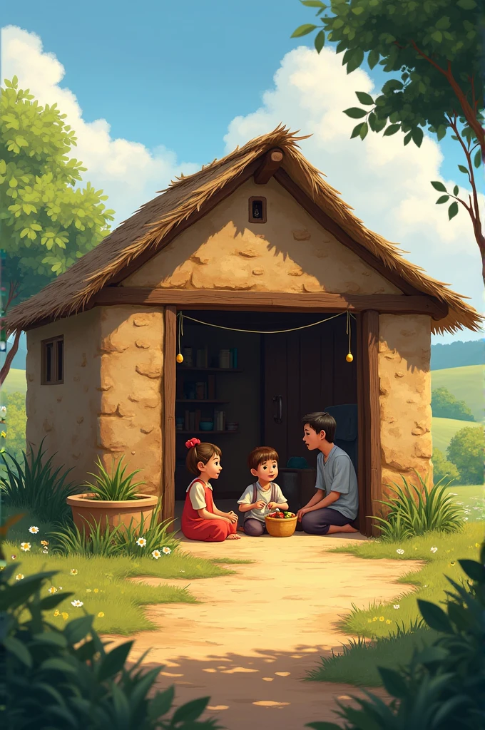 A poor family's house in a village: A simple mud house with a family sitting together inside