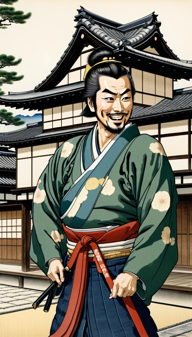 "A young Toyotomi Hideyoshi, standing in a traditional Japanese castle courtyard, his face flushed with embarrassment as he scratches his head. Oda Nobunaga is laughing heartily, pointing at him, with samurai and retainers watching in the background, the wooden structures of the castle visible."