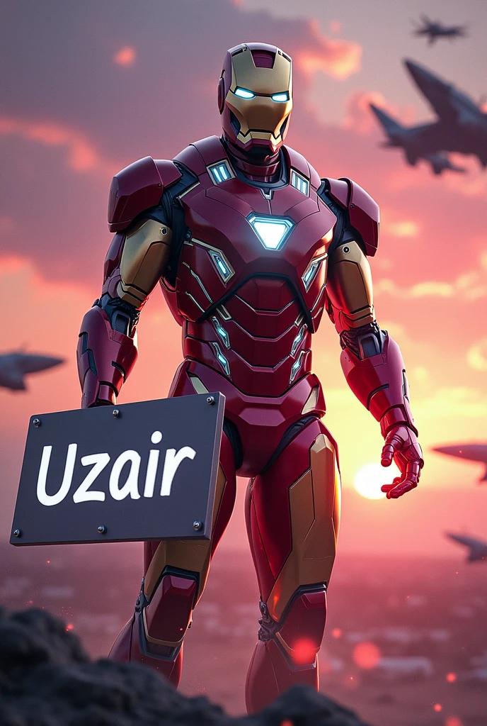 arkitek iron man endgame with the name " Uzair " written on a large sign, an waving in the foreground, and various aircraft in the background against a colorful sky