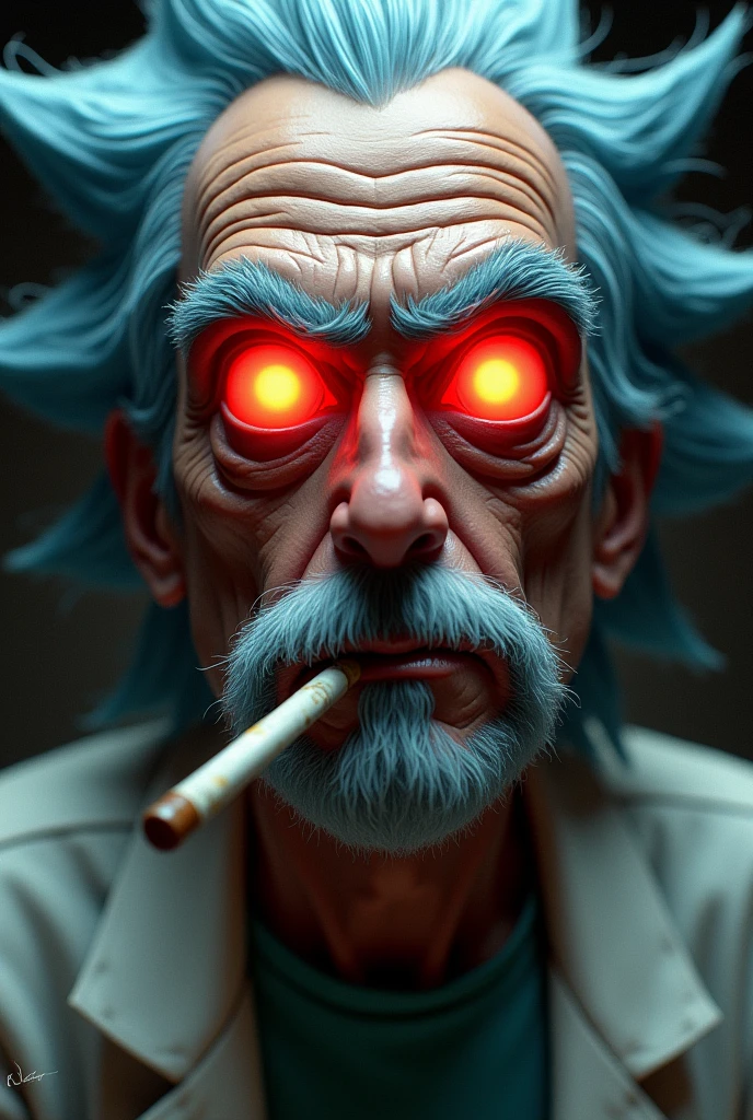 Create an image of Rick Sanchez with red eyes and a joint in his mouth