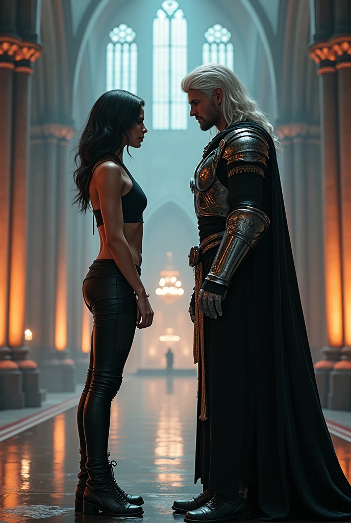 Let the image be from a video game.
Description: The protagonist looks distressed and is beautiful and curvy., short wavy hair with a futuristic look, He dresses in black and has a lot of style, black strappy top with neckline, black leather pants is white with black hair, She meets a medieval knight, very handsome, high, Athletic with very long, straight platinum hair reaching to his waist, It is not easy to be beautiful, is hairless, He does not have a beard, no mustache either,which is also confused by the mixture of eras, which is why he also looks worried. after , They find refuge in an ancient Gothic cathedral, which is now full of modern technology.
They both look at each other face to face Dialogue: "Although I come from a different time, It seems our missions are aligned."