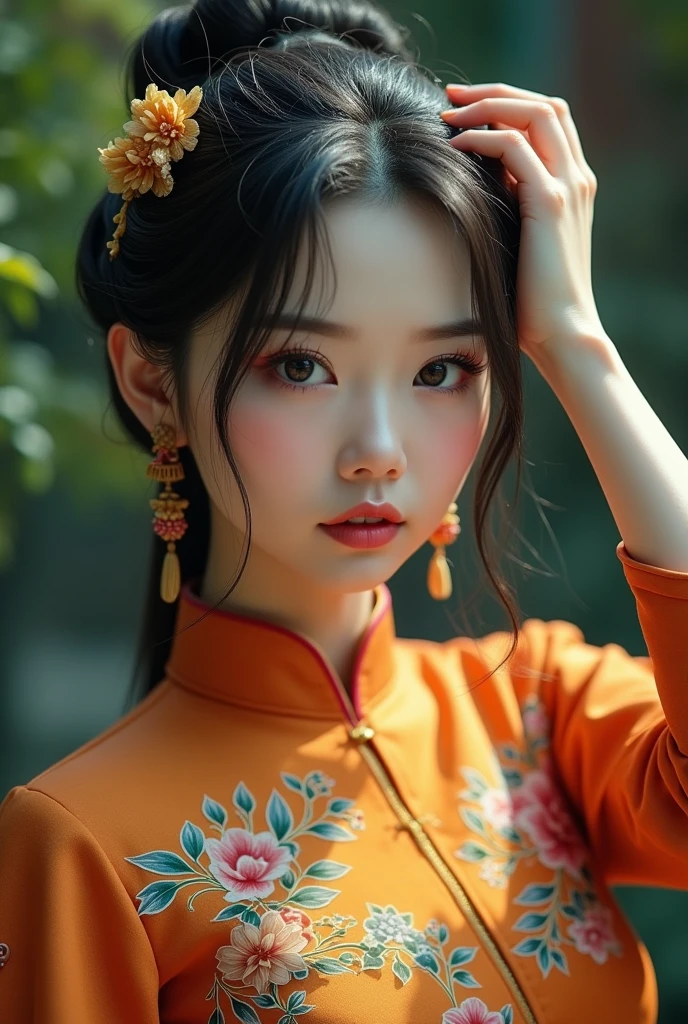 Create a Chinese beauty,White skin,Cute large breasts and buttocks,Proud figure,Pure white high collar colorful print short sleeve retro cheongsam,Scratching the scalp with both hands,There is a lot of dandruff on the top of the head,White fine dandruff on the top of the head,Fierce and unhappy expression,The characters are realistic and realistic,Antique garden background,9:16 frames,Ultra-high-definition picture quality