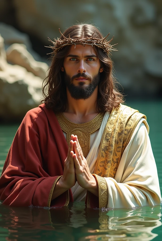 Main parfaite 5 doigts, Portrait of a handsome Jésus Christ wearing the king clothes with crown of king floating the toe in the water, Jésus Christ, De vrais yeux bleus, journée ensoleillée, détails complexes.real Jésus Christ, visage droit, corps droit.Prayer Jésus Christ, Corps complet parfait, doigt de mains parfaites,Prayer Jésus Christ, praying Jésus Christ backgrounds natural photographic