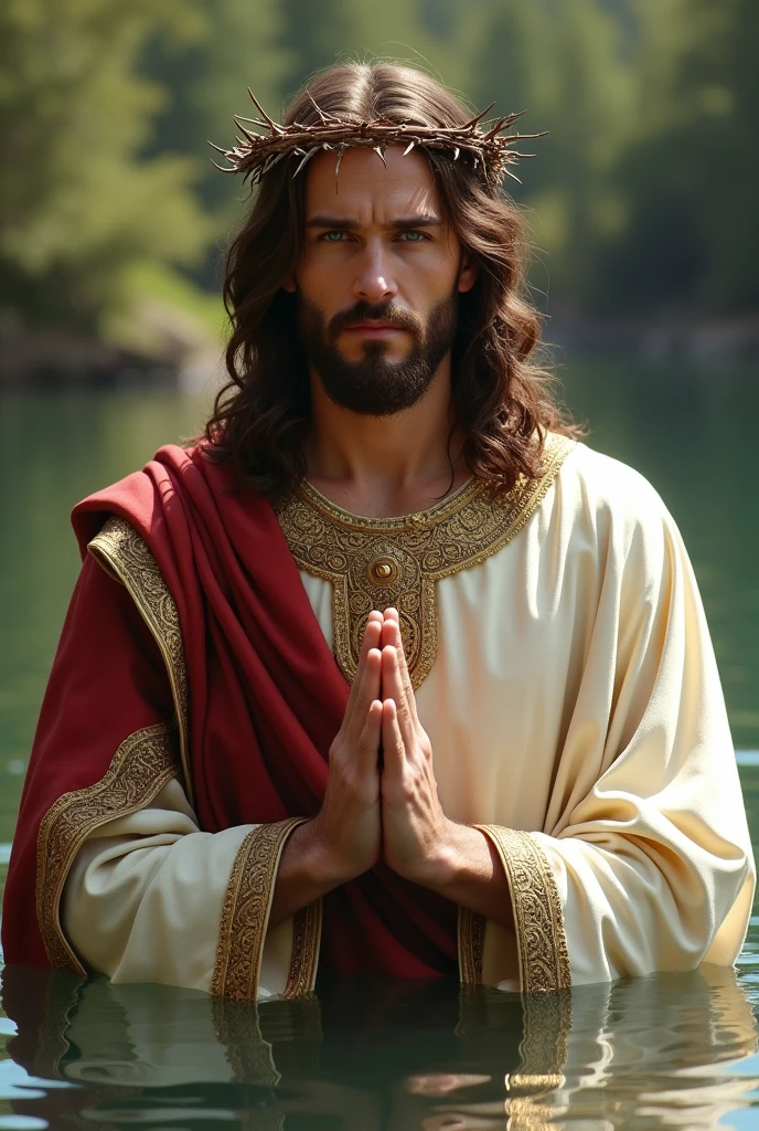 Main parfaite 5 doigts, Portrait of a handsome Jésus Christ wearing the king clothes with crown of king floating the toe in the water, Jésus Christ, De vrais yeux bleus, journée ensoleillée, détails complexes.real Jésus Christ, visage droit, corps droit.Prayer Jésus Christ, Corps complet parfait, doigt de mains parfaites,Prayer Jésus Christ, praying Jésus Christ backgrounds natural photographic
