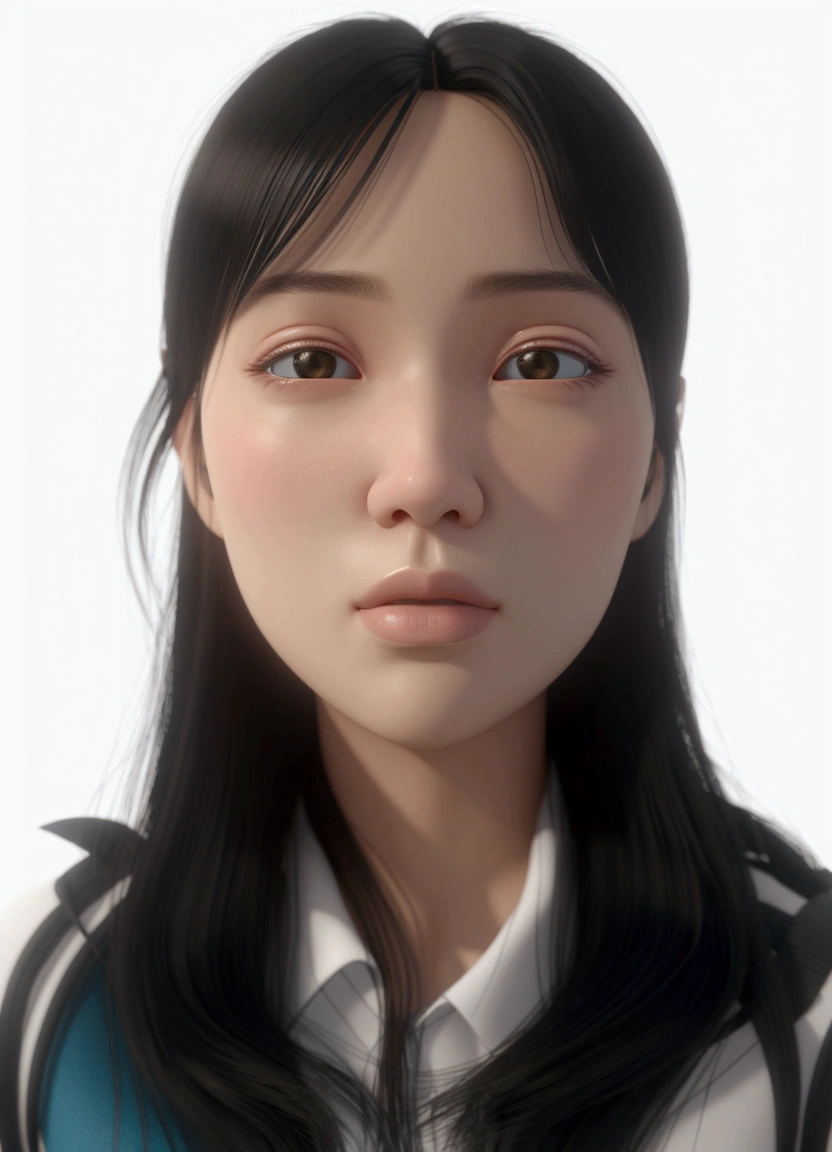 best quality, 1 Girl, Facing the camera, black eyes,  Half-length photo，Official A super cute girl, Straight hair, black hair, long hair, parted bangs,pastel color, ​mock​​, fine luster, clean background, 3d render::, Soft focus, oc, blender, ip, blind box toy style, pixar, close-up, high quality, high details, 16k --ar 3:4 --q 5，masterpiece