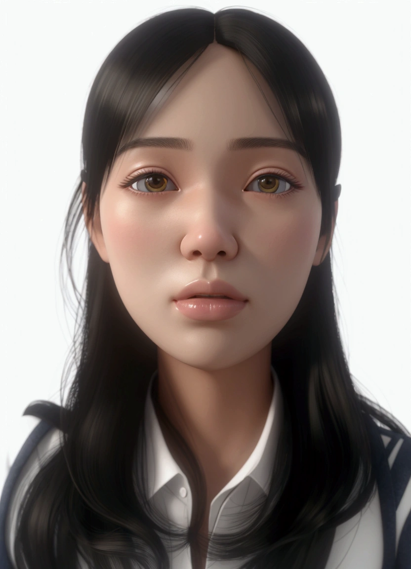 best quality, 1 Girl, Facing the camera, black eyes, Half-length photo,Official A super cute girl, Straight hair, black hair, long hair, parted bangs,pastel color, mock, fine luster, clean background, 3d render::, Soft focus, oc, blender, ip, blind box toy style, pixar, close-up, high quality, high details, 16k --ar 3:4 --q 5,masterpiece