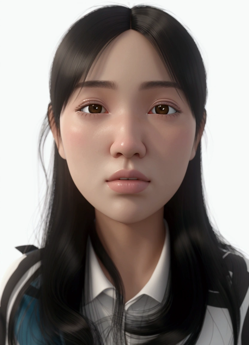 best quality, 1 Girl, Facing the camera, black eyes, Half-length photo,Official A super cute girl, Straight hair, black hair, long hair, parted bangs,pastel color, mock, fine luster, clean background, 3d render::, Soft focus, oc, blender, ip, blind box toy style, pixar, close-up, high quality, high details, 16k --ar 3:4 --q 5,masterpiece
