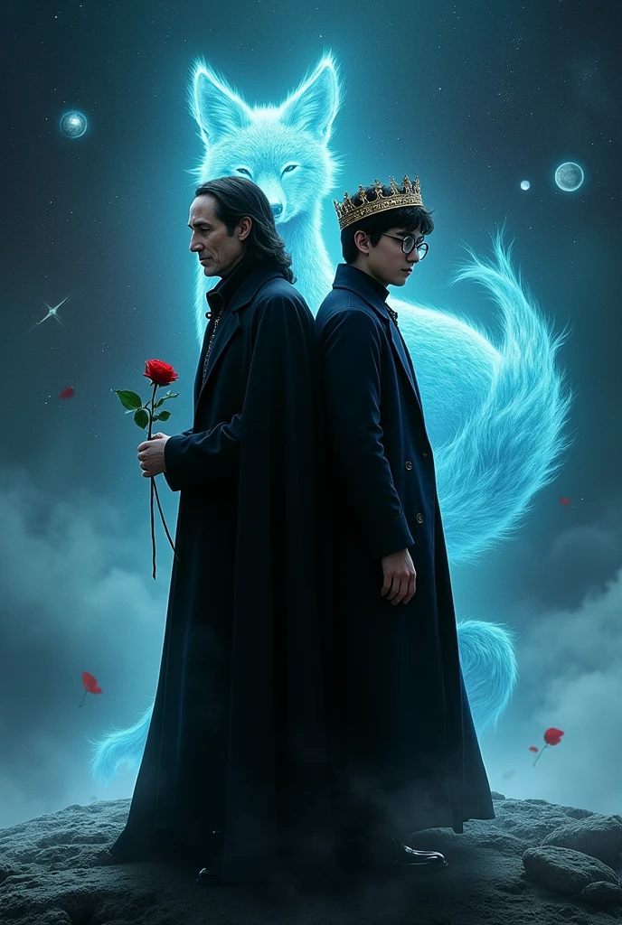 Severus Snape, head of the Slytherin house, should be in the picture, standing with his back to him with a red rose in his hand, Harry Potter&#39;s 17-year-old self leaning back to back, in glasses with a crown on his head. In the background is a blue glowing fox similar to patron charms, outer space, shooting stars, smaller planets and the two characters should stand on the same planet. The inscription THEY ARE ANONYMOUS should appear at the top of the image.
