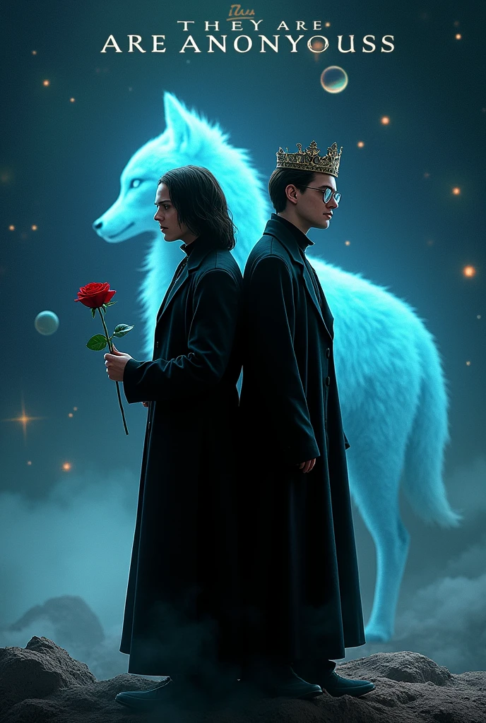 Severus Snape, head of the Slytherin house, should be in the picture, standing with his back to him with a red rose in his hand, Harry Potter's 17-year-old self leaning back to back, in glasses with a crown on his head. In the background is a blue glowing fox similar to patron charms, outer space, shooting stars, smaller planets and the two characters should stand on the same planet. The inscription THEY ARE ANONYMOUS should appear at the top of the image.