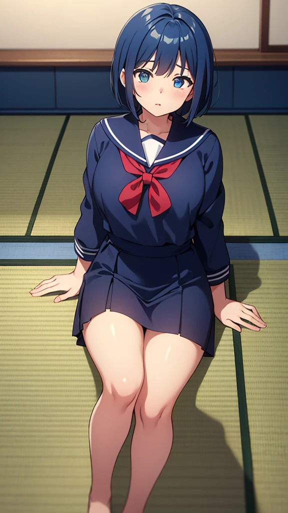 ((masterpiece, Highest quality, Very detailed, Very nice 8K CG wallpaper)), , A little thick, Medium Hair, Blue Hair, short hair, blue eyes,judo player、Sailor style uniforms、Large bust、Sailor suit、mini skirt、judo、Cute expression、InSide the judo GymnaSium、、On the tatami、discovery、One person'S、Full body standing、rest、Haruka Kiritani、Bust Size C Cup、幼い頃judo家に育てられた、The strongest woman to win a tournament、Ninth Dan、The strongest woman who defeated the bully