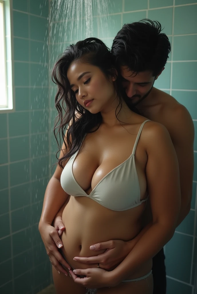 a beautiful indonesian woman, chubby, natural big breasts, wear nothing, messy wet hair, thin pubic hair, water drop on her wet body, hug by a handsome man from behind, under the shower,  look at the viewer, natural light, realistic photography, wide angle shot, detailed facial features, intricate clothing folds, soft lighting, cool color tone, bathroom, photorealistic, cinematic composition, high quality, 8k, masterpiece