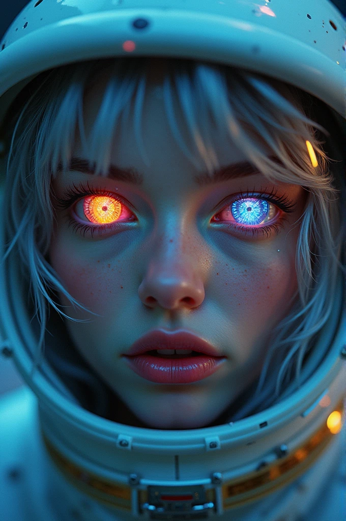(Close-up of a better masterpiece:1.5)0.9], (Space and astronauts:1.2) (Messy silver hair:1.1) (Heterochromia xanthochromia and blue eyes:1.2) (Space Helmet:1.0) (Colored stars in the eyes:1.0) (A radiant glow:1.1) (thick lips:0.9)